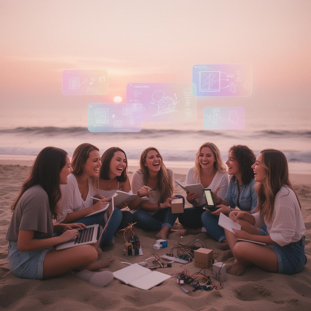 Women building together at a sunset beach hackathon